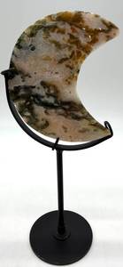 Moss Agate Stone Crescent Moon Sculpture on Stand