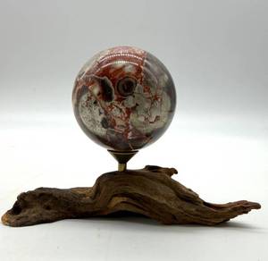 Polished Mexican Crazy Lace Stone Sphere on Driftwood Stand