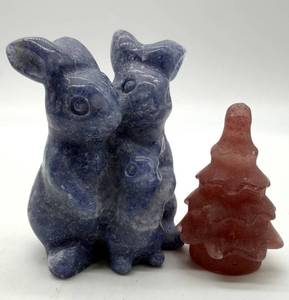 Carved Stone Rabbit & Tree Figurines (Lot of 2)