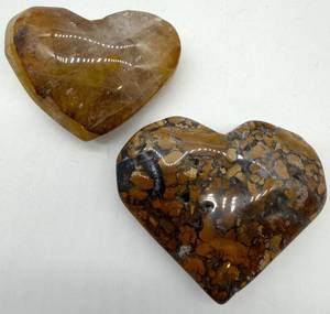 Polished Maligano Jasper and Hematoid Quartz Stone Heart Carvings (Lot of 2)