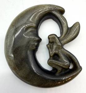Carved Natural Obsidian Moon With Fairy Figurine