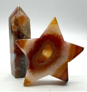 Agate Star & Druzy Carnelian Red Moss Obelisk Carvings (Lot of 2)