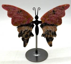 Natural Rhodonite Stone Butterfly Sculpture on Metal Stand