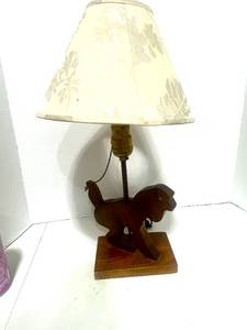 Vintage Hand Made Wooden Dog Table Lamp Pull his tail to turn on the light