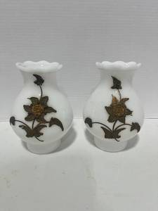 Two Vintage Hollywood Regency Style Milk Glass Hurricane Shades with Bronze Accents