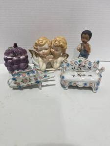 5 Vintage Figurines Jam Pot, Occupied Japan Wheel Barrow and Settee, Homeco Boy, Japan Angels