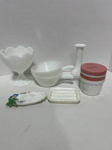 5 Misc. Milk Glass Pieces Soap Dishes, Fire King, Lady Ether Face Cream, Bud Vase and Candy Dish