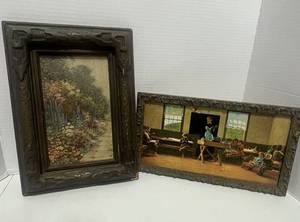 Two Vintage Wooden Framed Pictures Oil Painting of Flowered Path and Old Country School