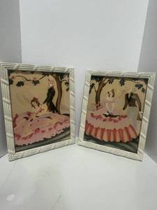 Pair of 1940s Art Deco Era Airbrush Watercolor Painting Victorian Courting Pictures 12 X 14