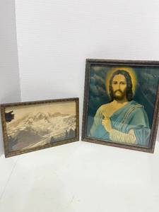 Beautiful Antique Framed Mountain Photo 7 X 11and Framed Religious Picture 10 X 12