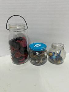 Three Jars of Vintage Wooden Checkers, Buttons and Some Marbles
