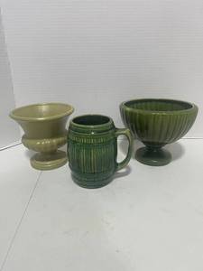 3 Vintage Green Pottery Pieces McCoy Vase and Barrell Mug and Green Planter