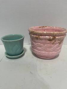 Two Vintage Planters. Turquoise McCoy and Pink McCoy