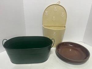 Two Tin Catch Alls and a Pottery Planter Base