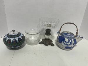 4 Misc. Pieces Teapot, Trinket Dish, Compote and Glass Vase