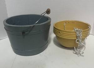 Cute Blue Wooden Bucket and McCoy Hanging Planter