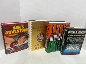 4 Books Mens Adventure Magazines, Blackwood Farm by Anne Rice, Leonuris Redemption and Stranger in a Strange Land by Heinlein