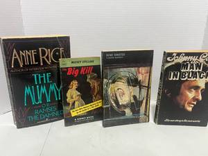 4 Vintage Books The Mummy by Anne Rice, The Big Kill Mickey Spillane, Bend Sinister by Nabokov and Man in Black by Johnny Cash