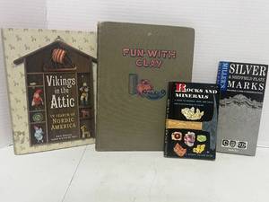 4 Vintage Books Vikings in the Attic by Dregni, Fun with Clay, Rocks and Minerals Guide, Silver and Sheffield Plate marks
