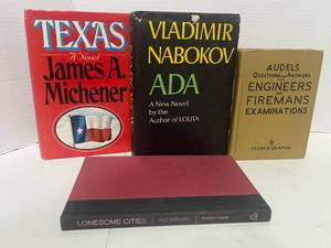 4 Books Texas by Michener, Vladimir Nabokov Ada by Lolita, Engineers and Firemans Examinations by Grahm and Lonesome Cities by McKuen