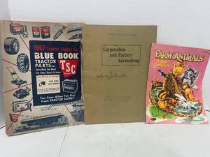 1967 Tractor Supply Blue Book, 1917 College Accounting Workbook, 1959 Real Cloth Farm Animals Book