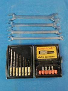 This tool layout features a vintage Craftsman open-end wrench set alongside a Craftsman Professional Speed-Lok Quick Connector Set