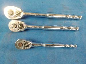 Blue-Point 3-piece standard handle quick-release ratchet set, manufactured by Snap-on Tools.