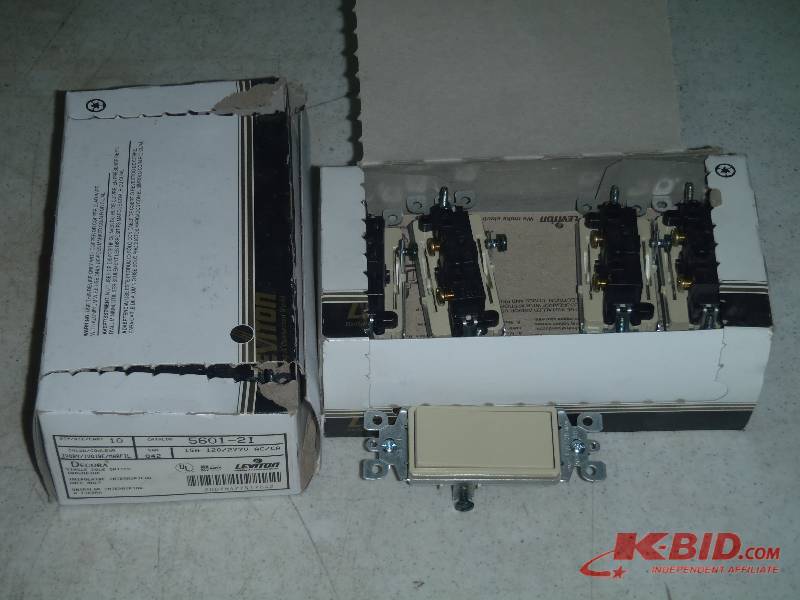 lot 246 image: 2 Boxes (10 per box) Leviton 5601-2I Ivory Single Pole Switch