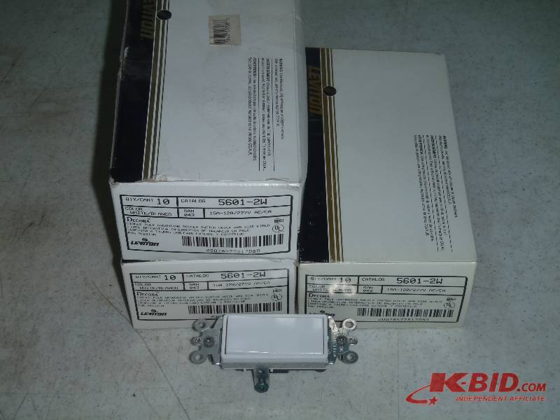 lot 267 image: 3 Boxes (10 per box) Leviton 5601-2W White Single Pole Rocker Switch