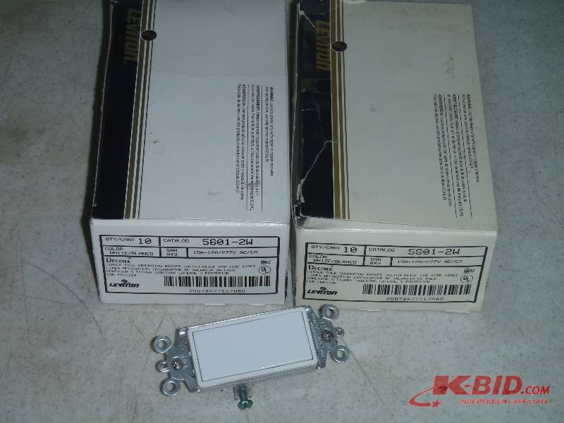 lot 249 image: 2 Boxes (10 per box) Leviton 5601-2W White Single Pole Switch