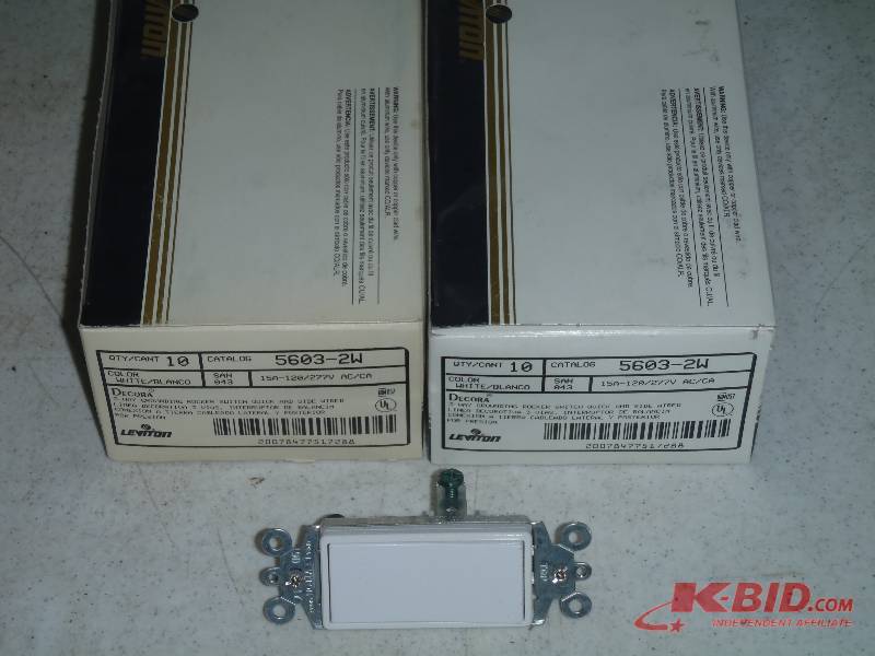 lot 272 image: 2 Boxes (10 per box) Leviton 5603-2W White 3-Way Rocker Switch