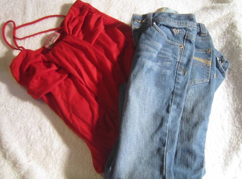 K. Mode Red Shirt Size Unknown and Justice Blue Jeans Size 10s
