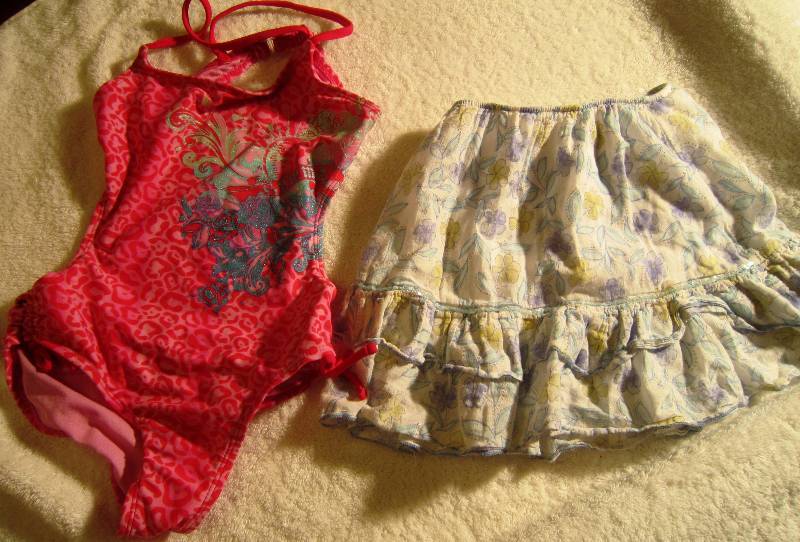 Joey B White Skirt with Blue and Yellow Flowers Size Small and Pink Swimsut Size 7-8