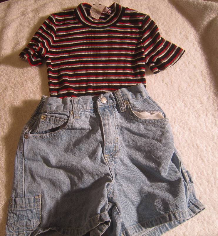 Black, Red, White and Green Top - Size 7 and Blue Jean Shorts - Size 7