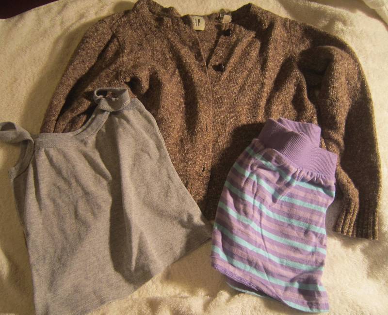 Gap Brown Sweater - Size M, Grey Top - Size S and Purple and Blue Skort - Size 7 - 8