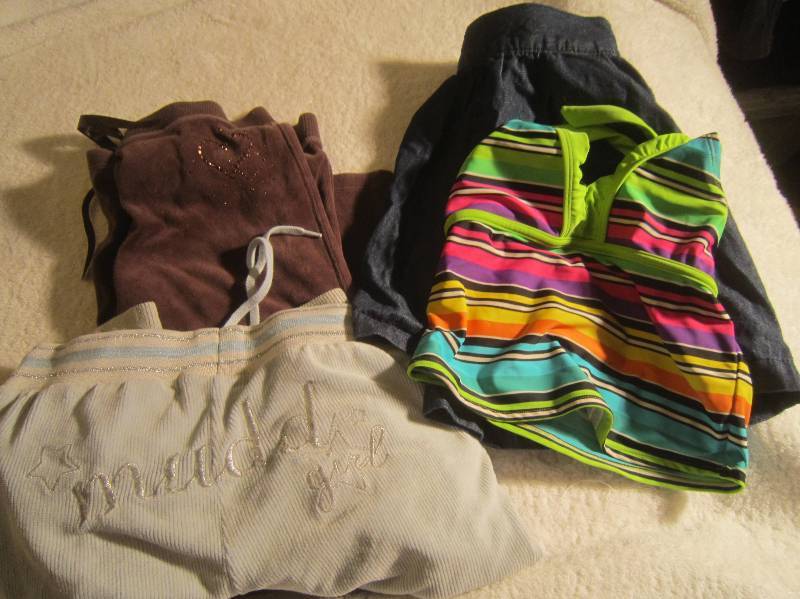 Blue Jean Skirts Size 10 -12, Brown Sweat Pants Size 10 and Blue Sweat Pants Size 10 and Multi Color Tank Top Size 7 - 8