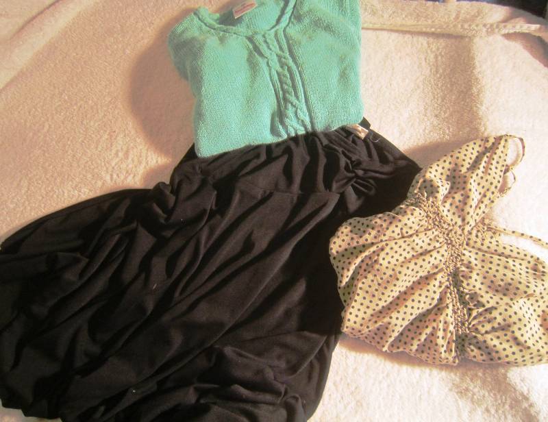 Express tan and Black Polka Dotted Shirt - Size M, Hannah Anderson Light Blue Sweater, Wrapper Black Dress Shorts - Size M
