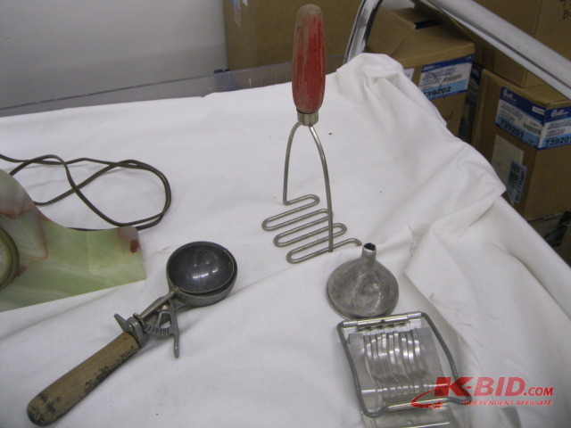 Marble clock, vintage ice cream scoop, serving spoon, egg slicer, potatoes masher