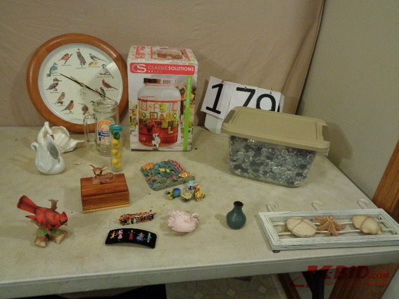 Bird clock, glass rocks, decorations and more.