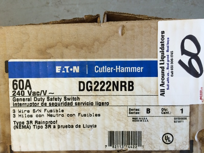 lot 60 image: Cutler Hammer 60 amp Disconnect  120240  Safety Switch  DG222NRB