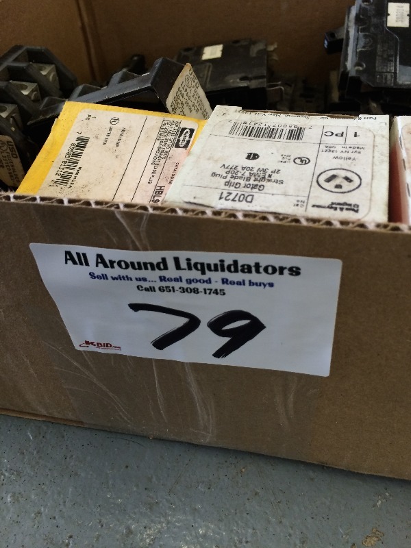 lot 79 image: Large Lot of assorted Square D Breakers - many of which are new, Fuse blocks, Plugs