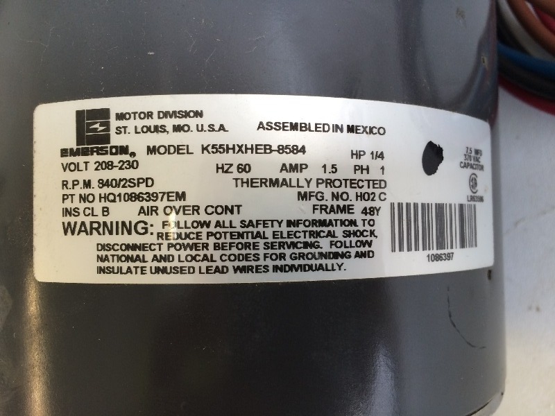 lot 103 image: Emerson Condenser Fan Motor  14 hp, 208230 volt, 840 rpm