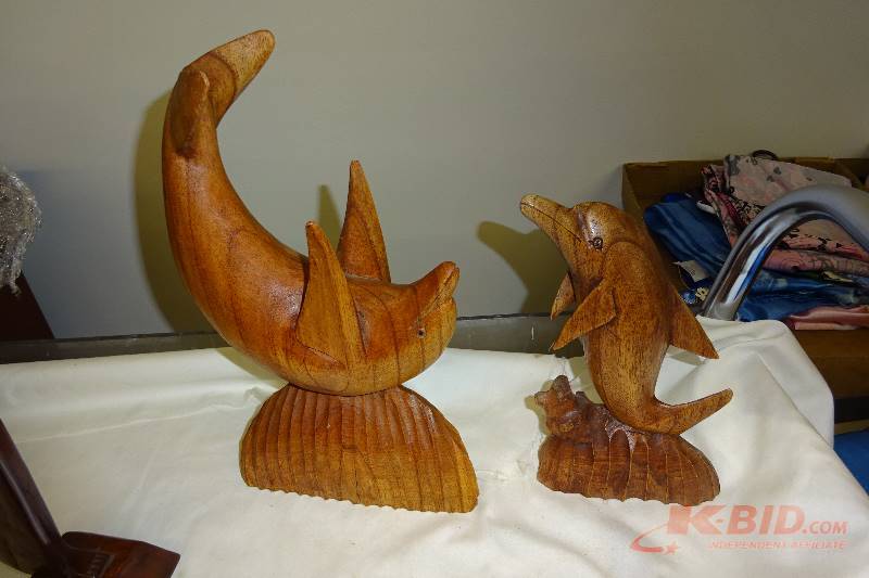 2 Wooden Dolphins statues