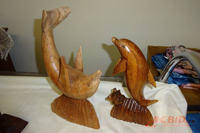 2 Wooden Dolphins statues