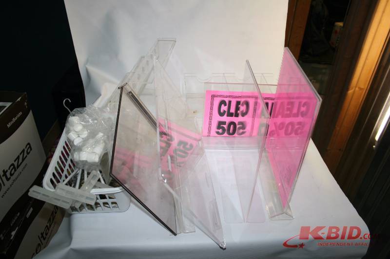 Miscellaneous plexiglass display stands, sign holders, hangers