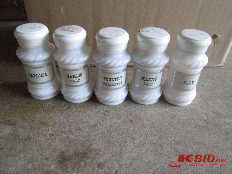 lot 47 image: 5 piece milk glass spice set, inclu...