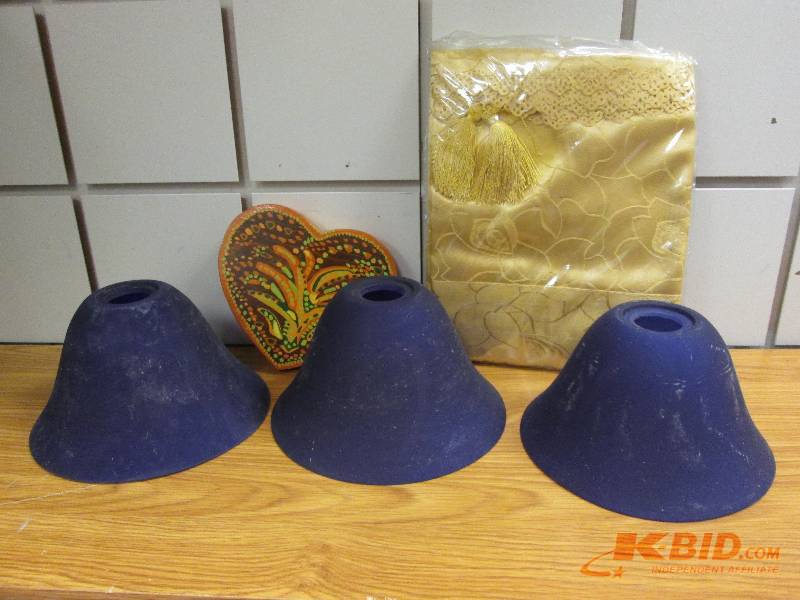 lot 216 image: glass light fixrture globes, trivet...