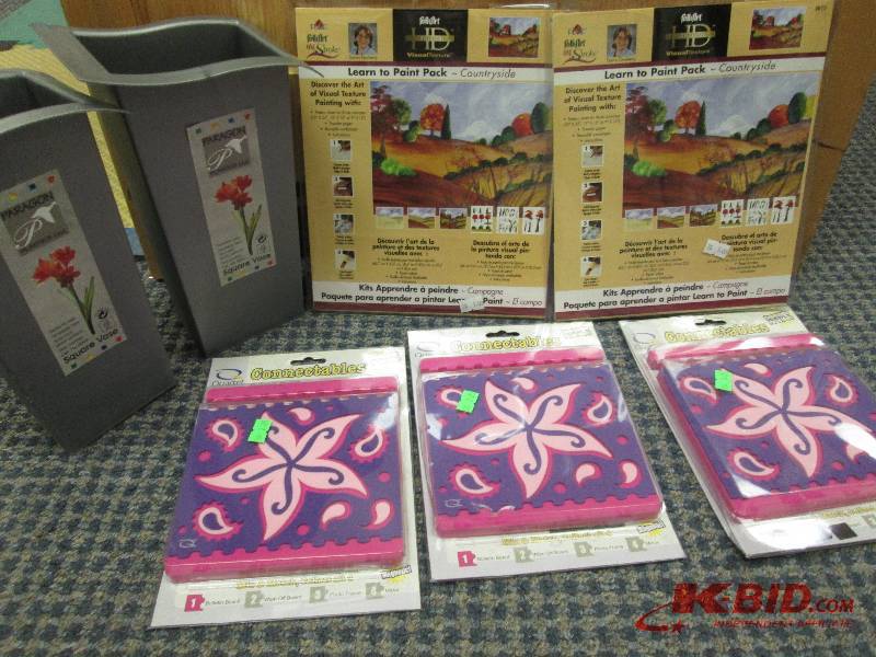 lot 248 image: two plastic vases, art supplies...