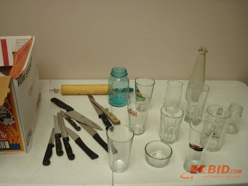 Lot Of Kitchen Knives And Drinking Glasses, Some Beer Glasses