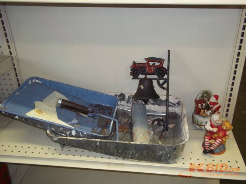 lot 107 image: Outdoor dcor bell with Christmas music boxes and paint supplies